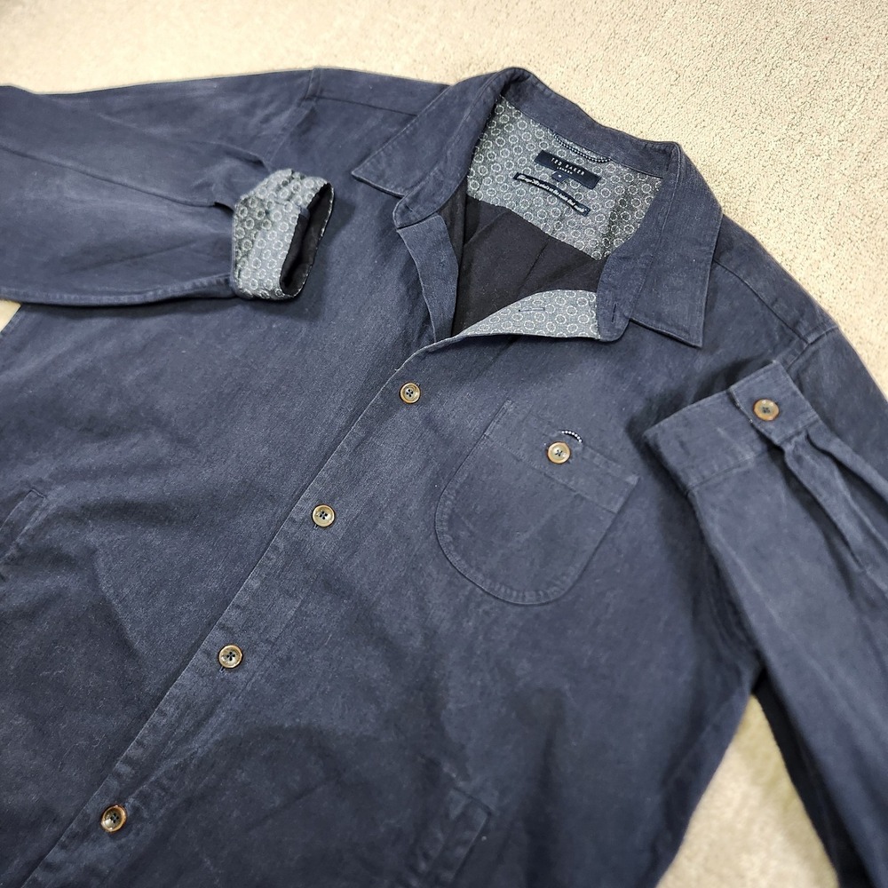 Ted Baker Shirt Jacket Men 6 Heavy Cotton Twill Overshirt Flip Cuff Blue Button